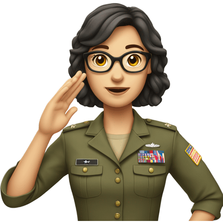 a caucasian brunette female with glasses making the military salute emoji