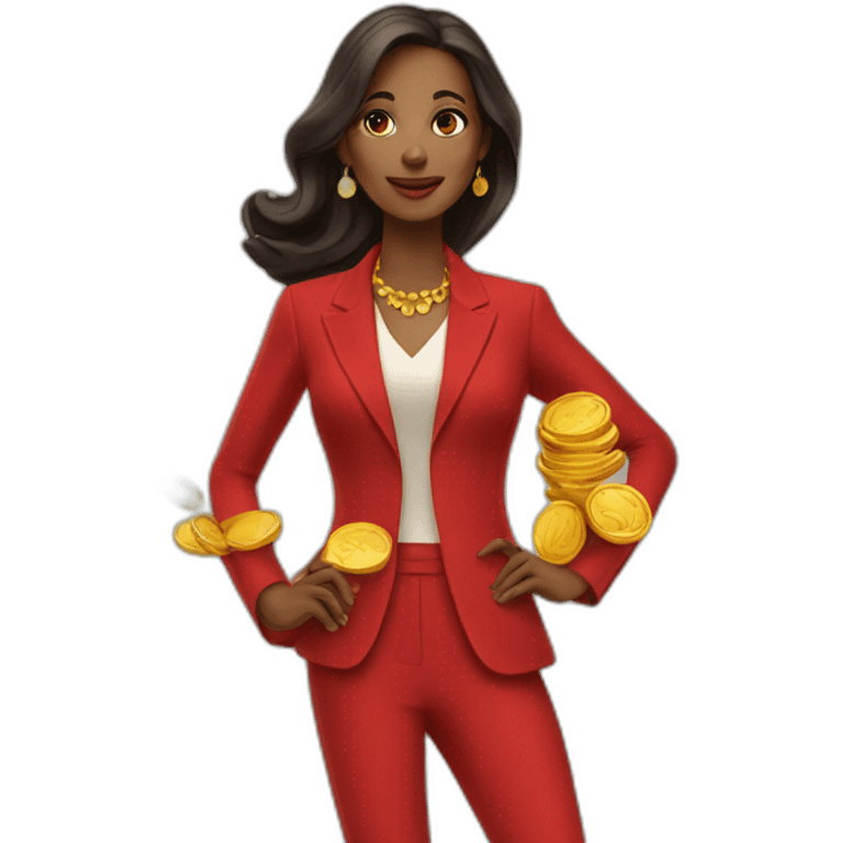 Posh-woman-with-red-suit-holding-golden-coins emoji