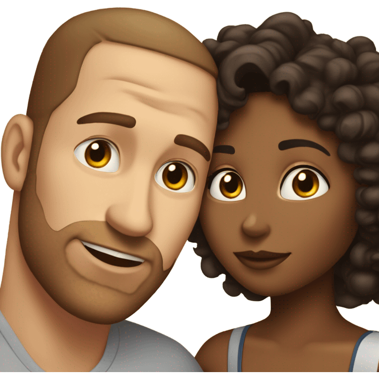 Tanned complexion woman with curly hair and white man with  straight dark brown hair kissing  emoji