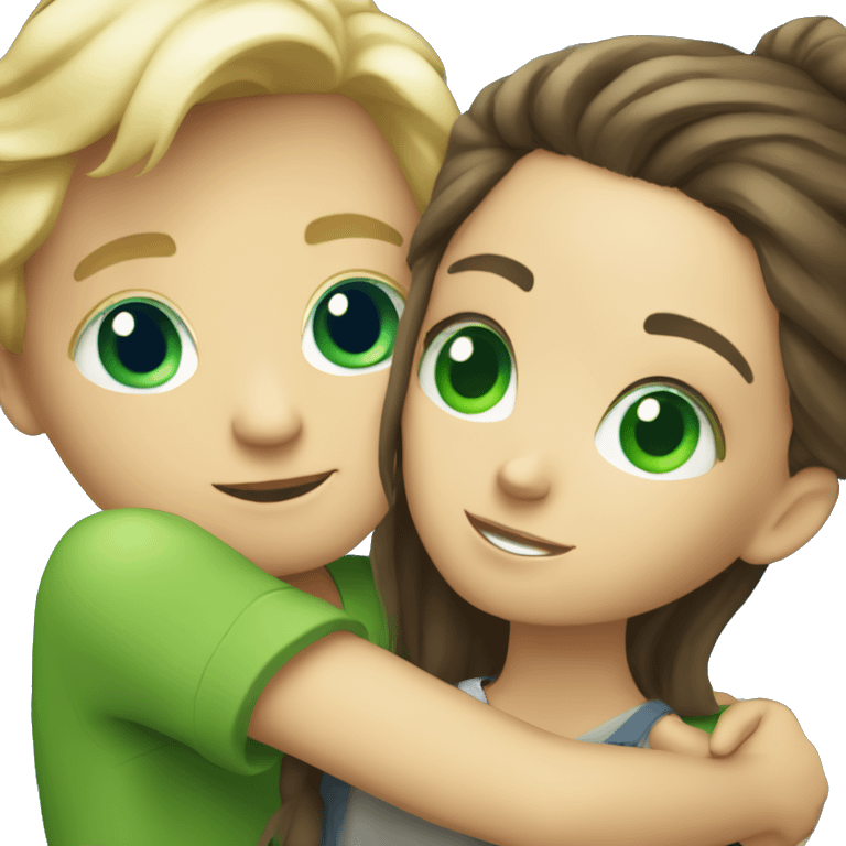 Blonde boy blue eyes  hugging brunette girl with green  eyes emoji