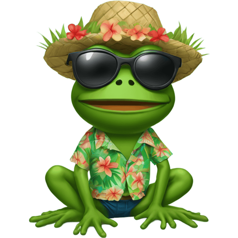 Pepe the Frog wearing a Hawaiian shirt with floral patterns, a grass skirt, and a pair of sunglasses, with a relaxed and carefree expression. emoji