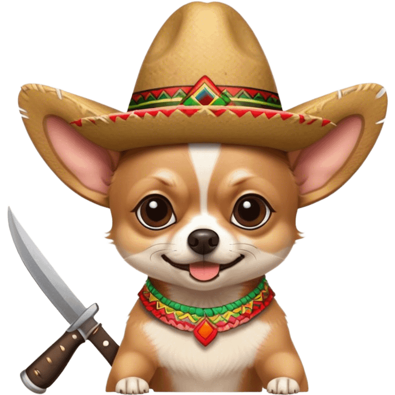 Chihuahua con sombrero mexicano y un machete en la mano emoji