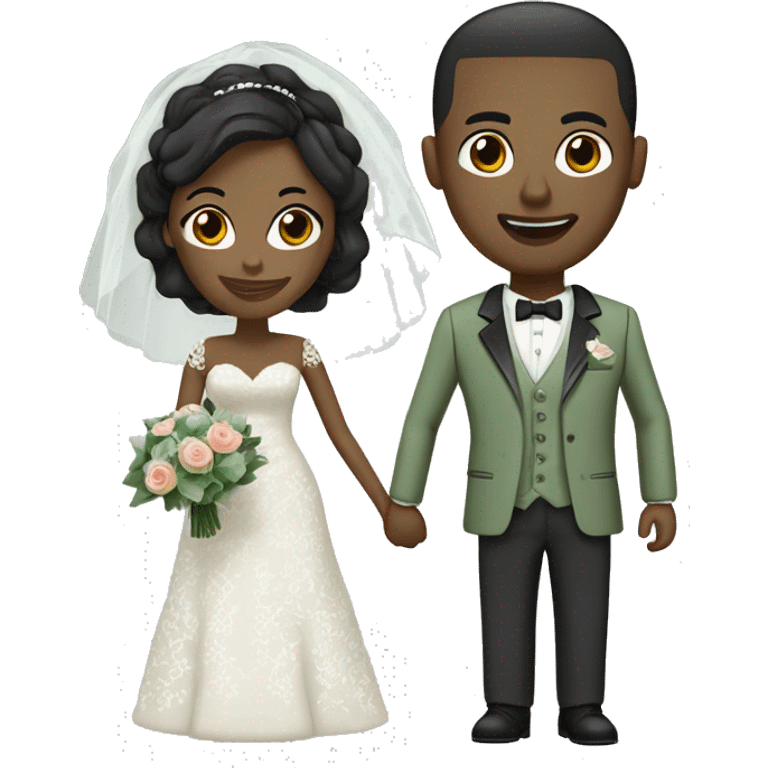 Black Wedding couple. Bride has black hair pinned up. She wears lace dress. She has dark brown eyes. Groom has sage green suit and sage green vest. He is bald headed. He has a bread. He has dark brown eyes too. emoji