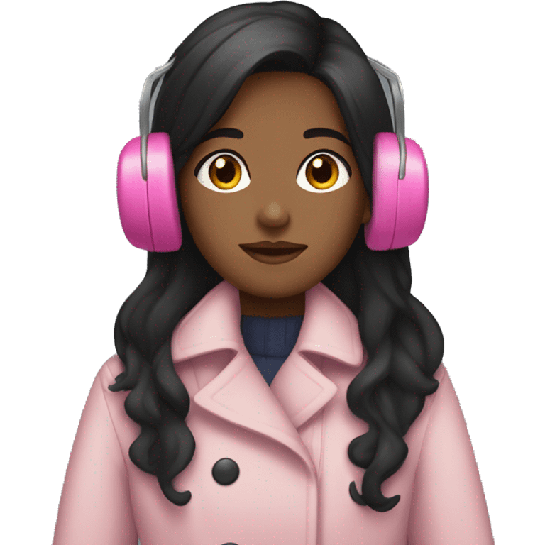 Long black hair brown skin Girl with pink earmuffs and trench coat on  emoji