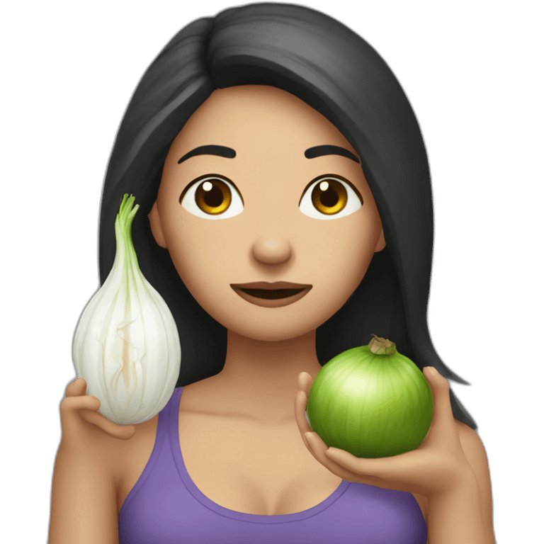 sick dark long hair yoga teacher feminine with an stinking onion in her hands emoji