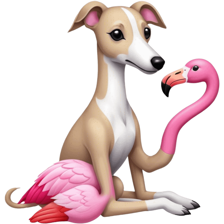 Un lévrier whippet avec sa peluche le flamant rose. emoji