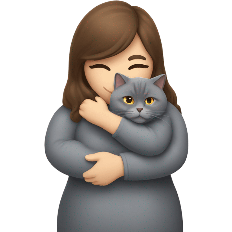 fat British shorthair grey cat hugging long brown hair white woman emoji