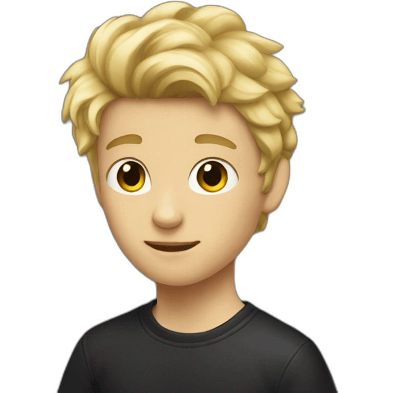 Boy with blonde haie holding a black cat emoji