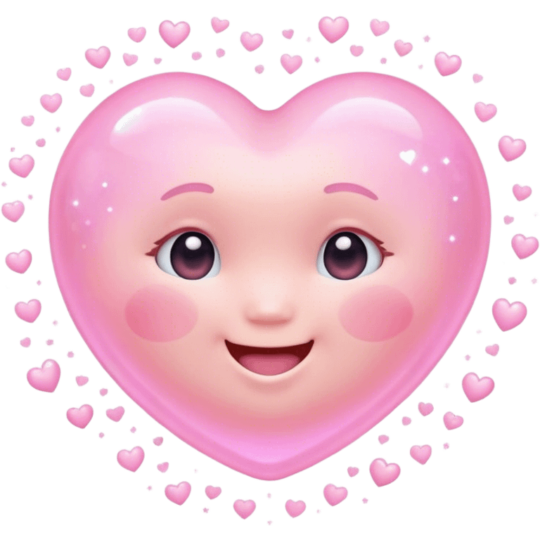 Cinematic floating soft heart, chubby round edges, pastel pink glow, tiny smiling face, surrounded by dreamy sparkles, gentle and loving. emoji