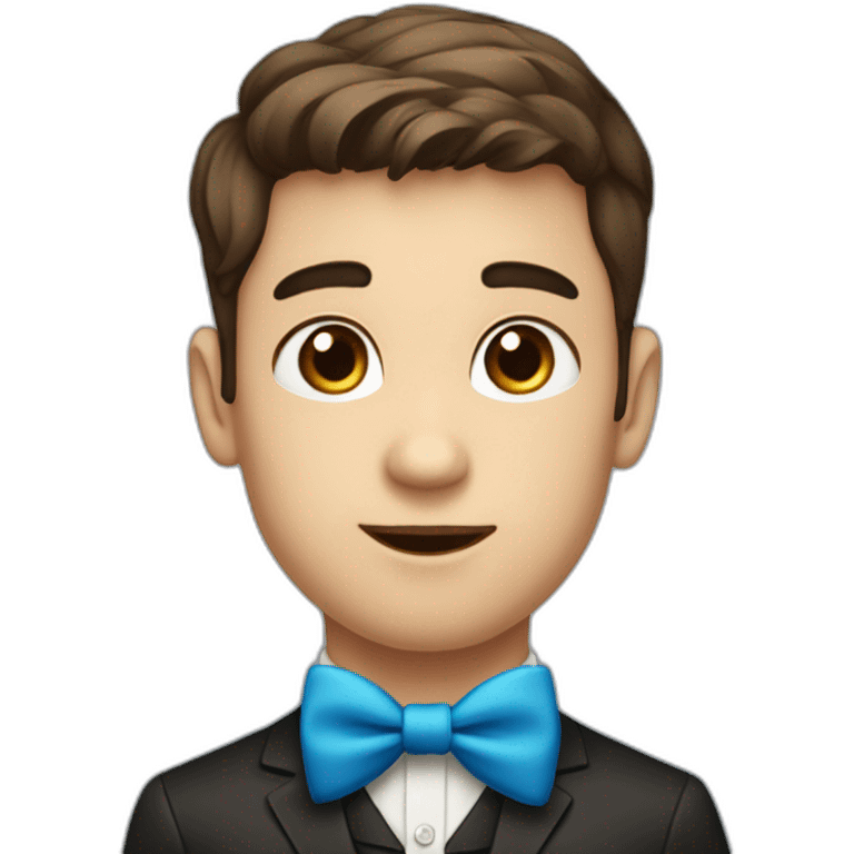 A young male tennager with big cheeks with a beauty spot on chin with a round face and very short brown hair and a mole on chin wearing a blue bow tie emoji