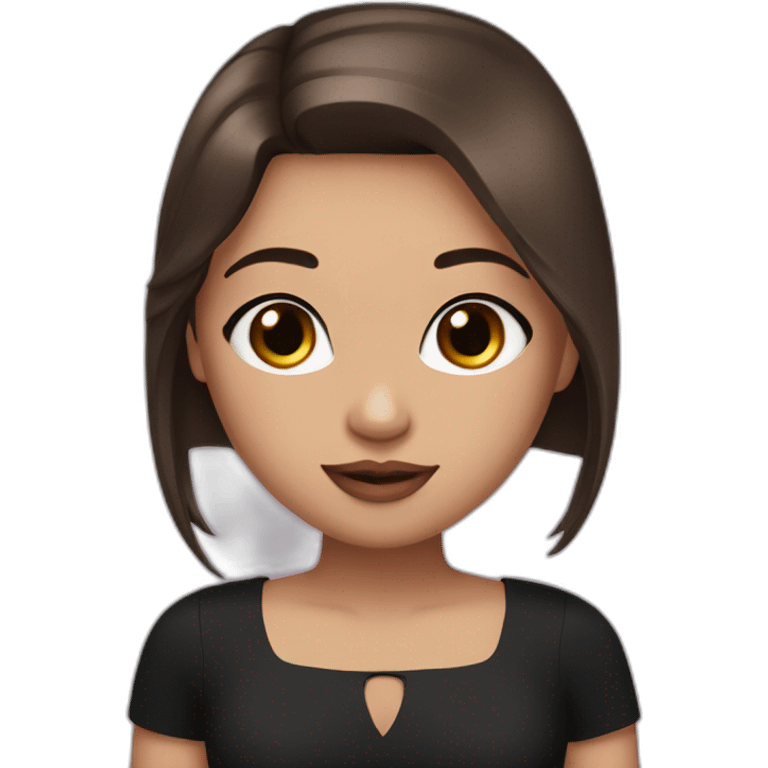 A girl with brown eyes, long straight brown hair, plump pink lips in a black dress emoji