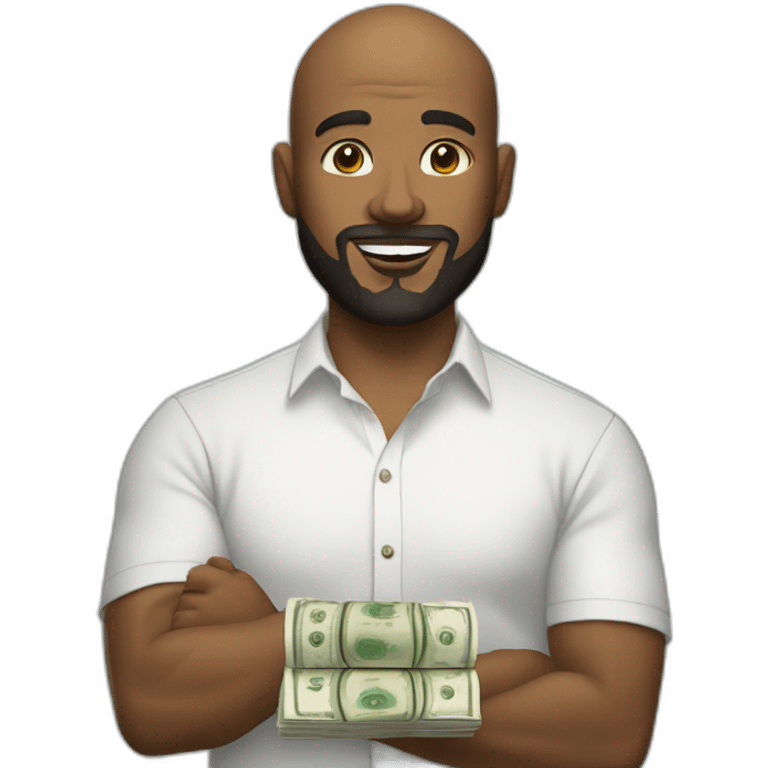 white male with small beard and almost bald holding stacks of money smart casual shirt emoji