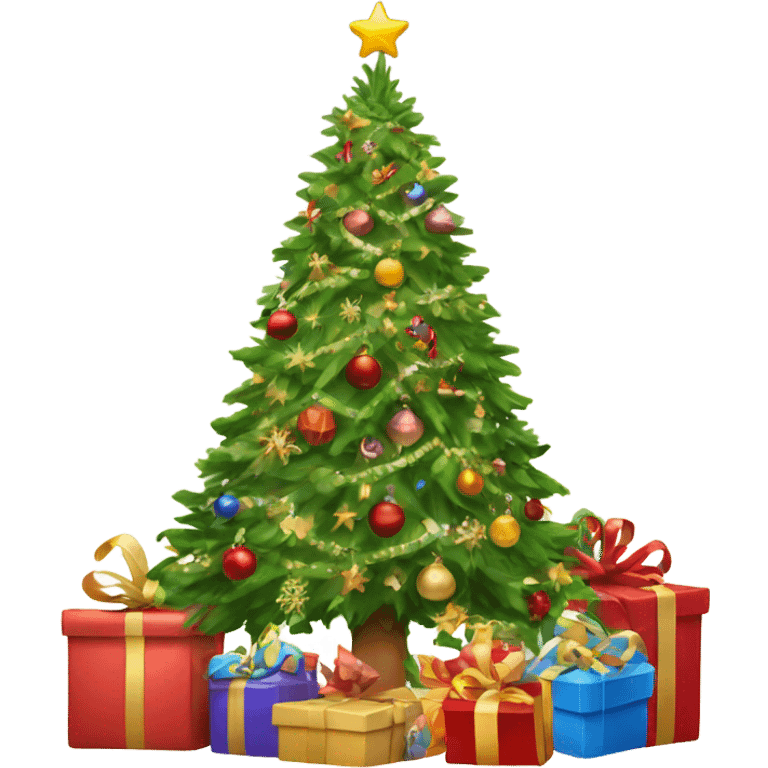 Beautifully decorated Christmas tree with Christmas presents around the base emoji