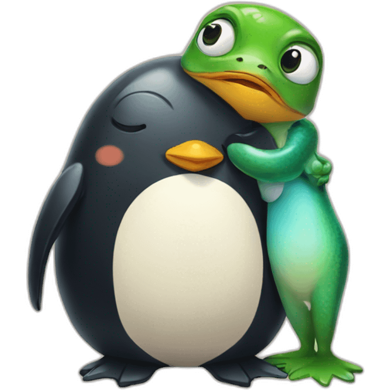 Penguin hugging a frog emoji