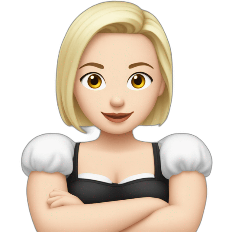 Front view curvy caucasian beauty sitting straight hands up black skirt white knickers white socks emoji