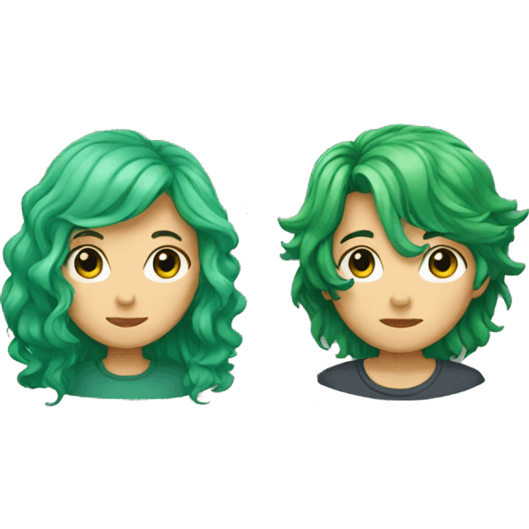 shy girl with green hair and guy with long wavy black hair emoji