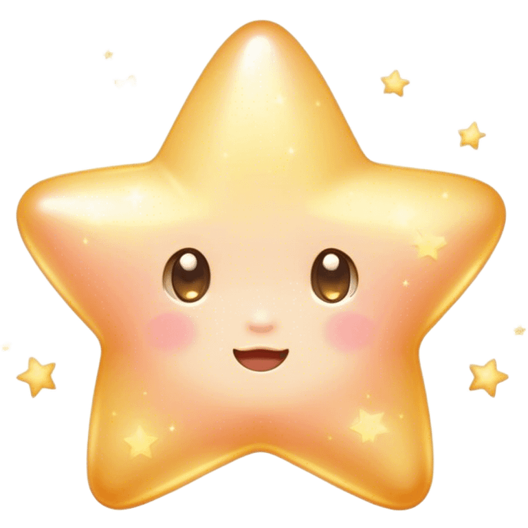 Cinematic cute sparkling star, chubby rounded edges, golden glow, tiny blushing cheeks, warm and gentle shine, twinkling softly in a pastel night sky. emoji