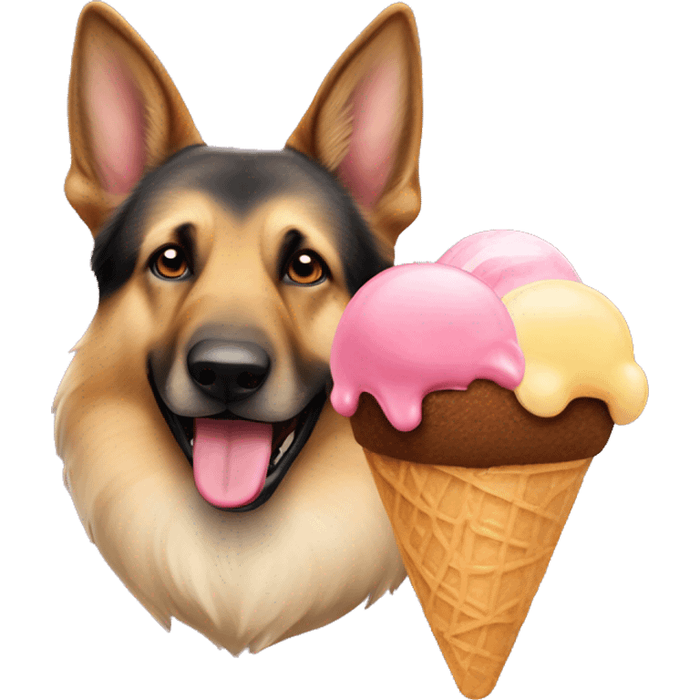 A German Shepherd dog licking ice cream emoji