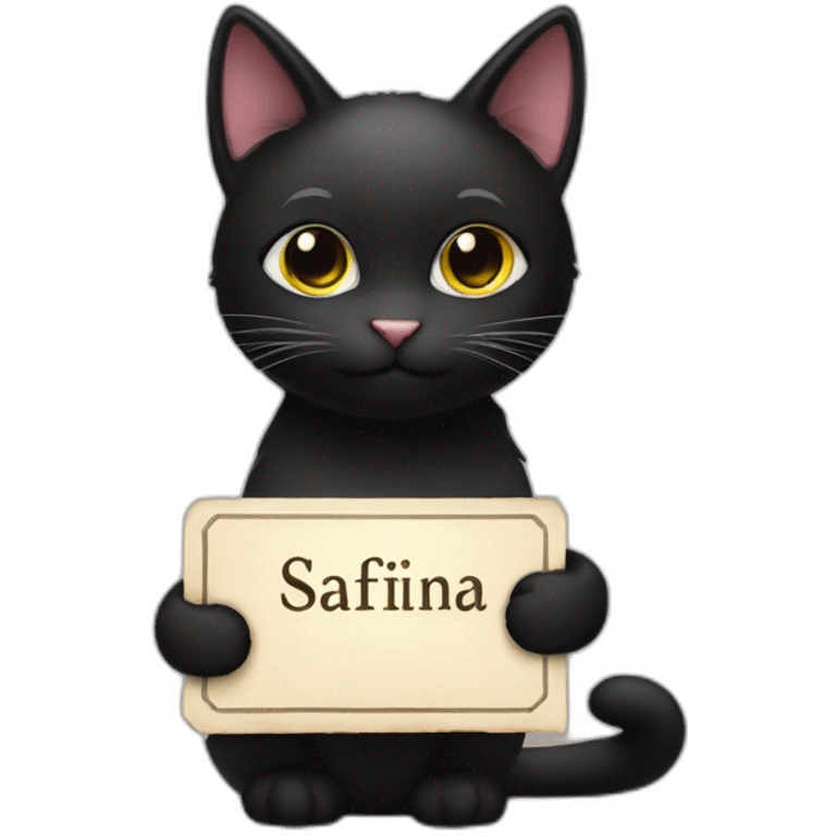 Black cat holding a sign with the inscription “Safina” emoji