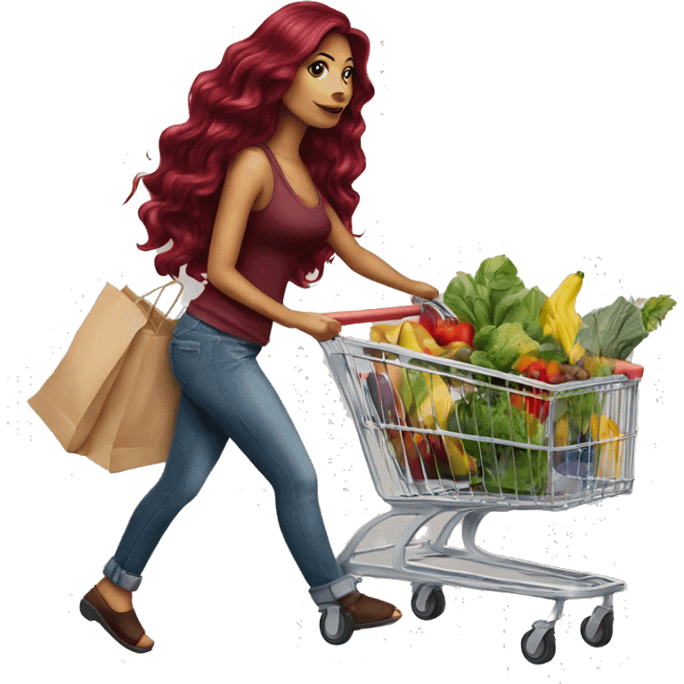 Beautiful tattooed burgundy long haired woman pushing shopping cart emoji