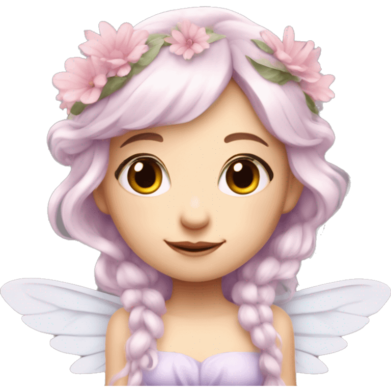 Beautiful, flower fairy, white long, light pink hair, big wings, fair skin, light violet eyes  emoji