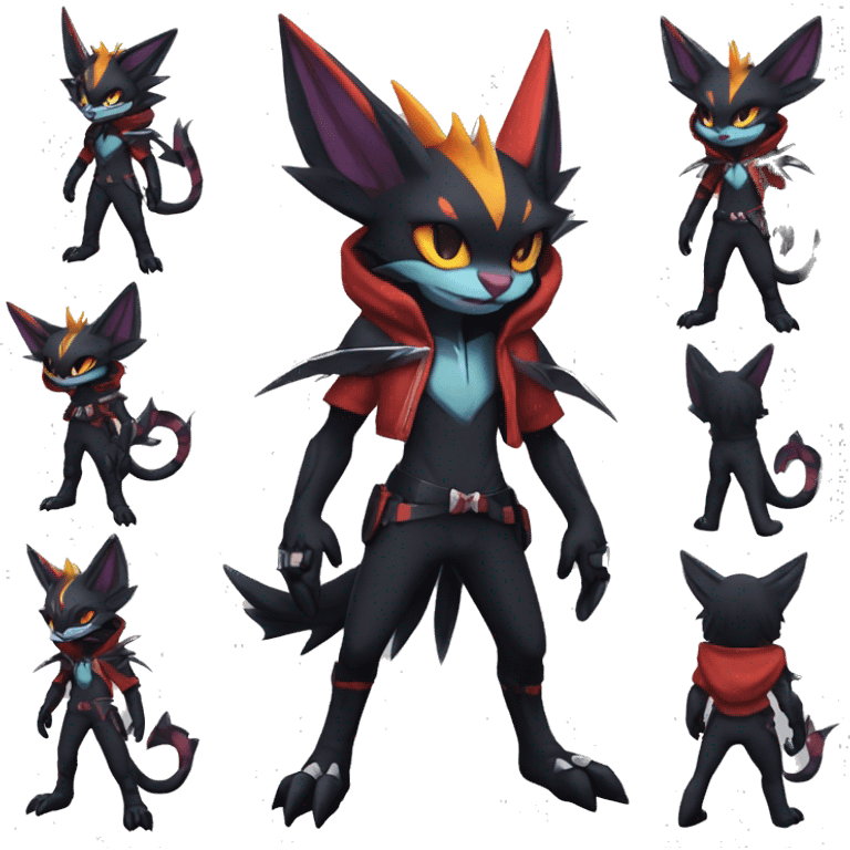 Cool Anthro Black Noivern-Nargacuga-Litten-cat-Pokémon with edgy stripes hoodie spiked collar punk Full Body emoji