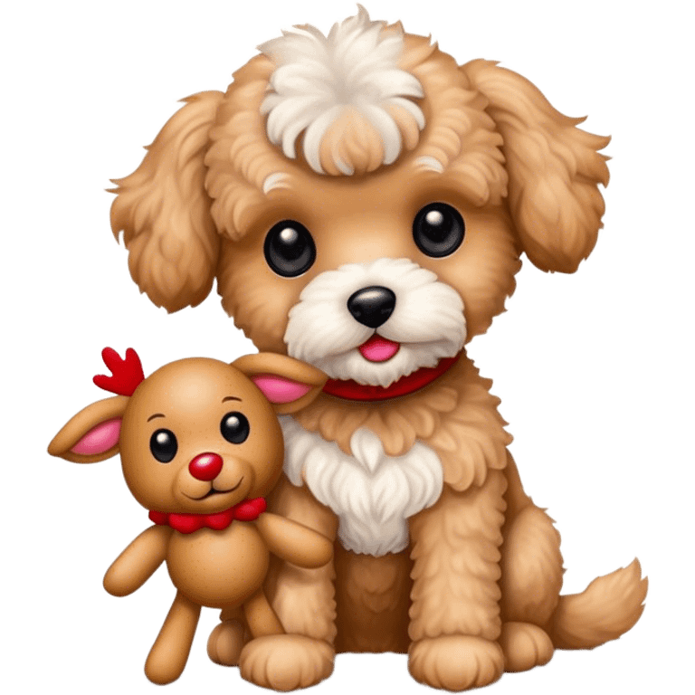 Tan maltipoo holding Rudolph the red  nose reindeer stuffed animal  emoji