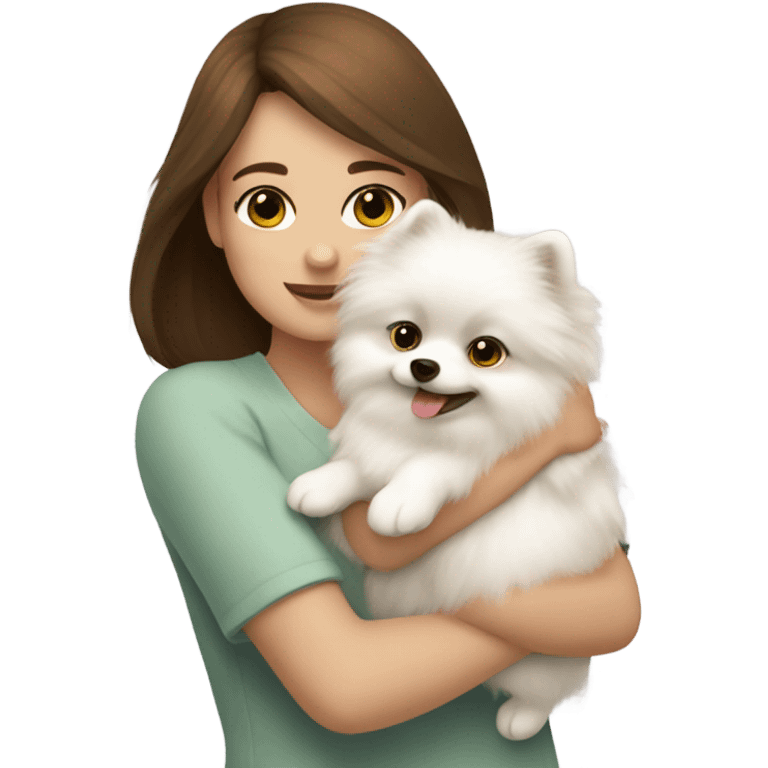 girl with brown hair hug white Pomeranian emoji