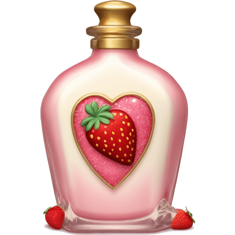 Antique heart-shaped parfumerie bottle with butter, made of red crystals, white cream and pink strawberry milk pour from the bottle emoji