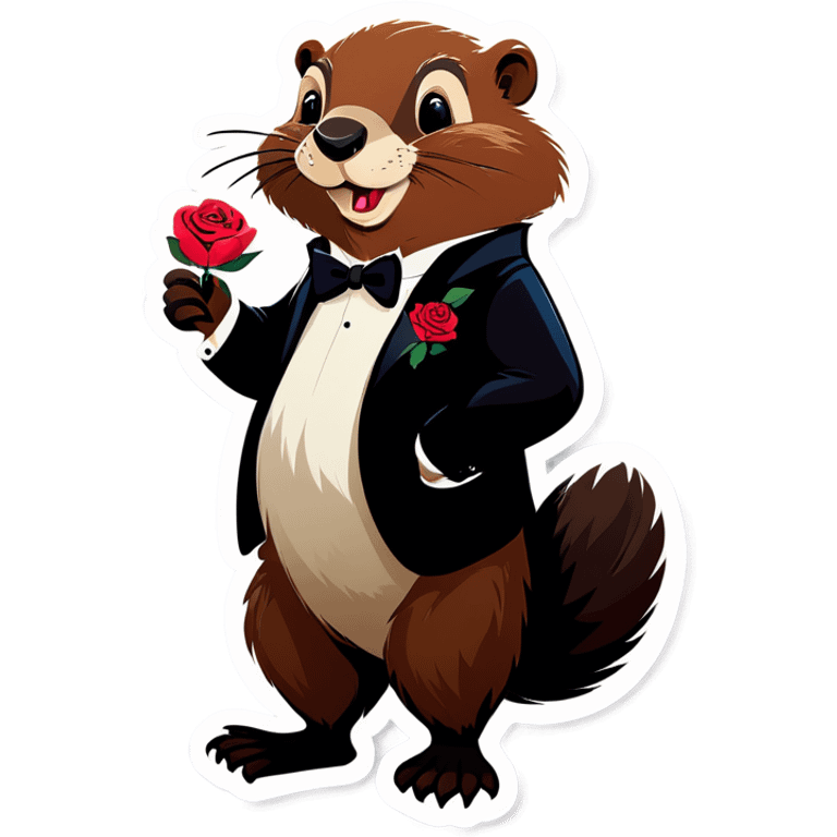 A beaver dressed in a tuxedo is holding a rose in its paws. emoji