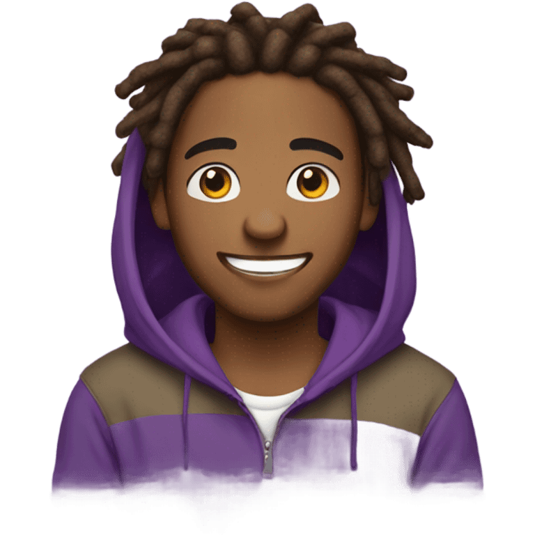 Brown boy with brown dreads and facial hair in purple hoodie smiling emoji