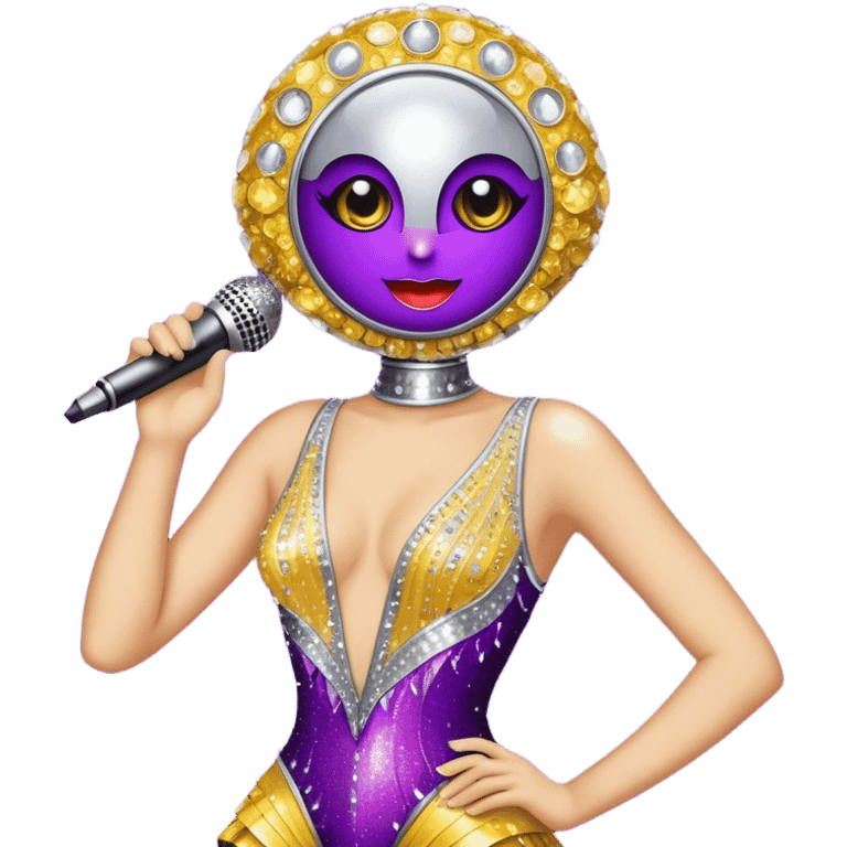 Create a glamorous and vibrant emoji representing stage vocal performance. The design should feature a classic vintage microphone at the center, surrounded by an eye-catching stage costume covered in rhinestones, sparkling brightly. The costume should be stylized, with glittering elements like sequins and sparkles, and reflect the glitzy, extravagant nature of show business. The microphone should have a sleek, retro look with chrome or metallic accents. Use rich, dazzling colors like gold, silver, deep purple, and bright red to evoke the glamorous, larger-than-life feel of a stage performance. The background should be transparent. emoji