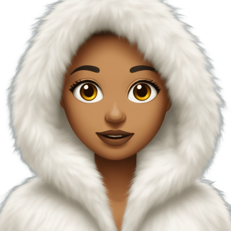 Tanned Girl with lashes ,  in an extremely big fluffy oversized white fur coat with hood on. The fur is real and it’s very obvious big and fluffy like in Pinterest  emoji