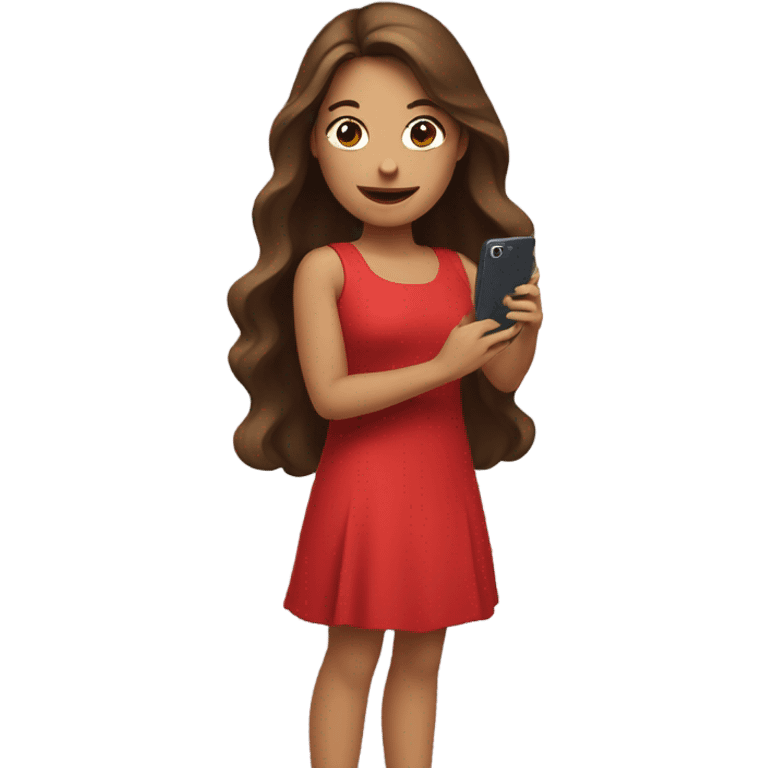 a white girl with log brown hair in a red dress holding a cell phone showing it emoji