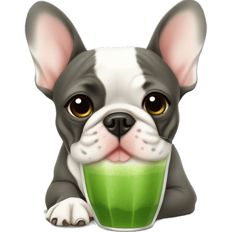 French Bulldog drinks matcha emoji