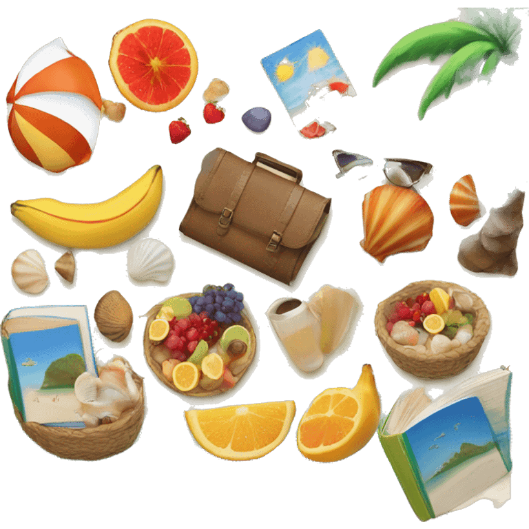 Beach picnic scene with a book, fruits, and seashells emoji