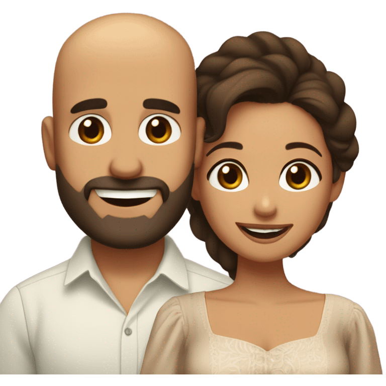 Brown-haired Puerto Rican woman with dark brown eyes wearing a cute blouse giving comforting hug to short, bald man with brown eyes, laugh lines, and a beard emoji