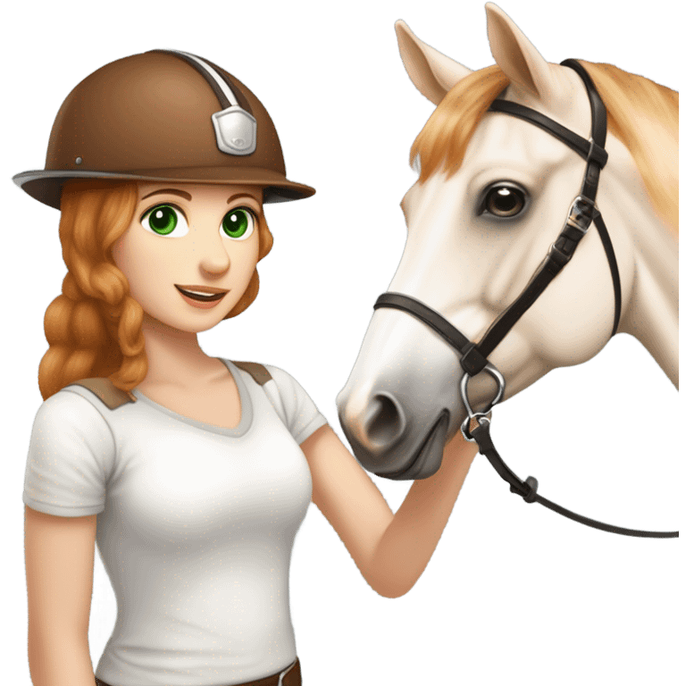 Extremely attractive and feminine white teen girl with green eyes and medium length strawberry blonde hair wearing traditional English riding helmet giving a treat to a brown and white paint horse emoji