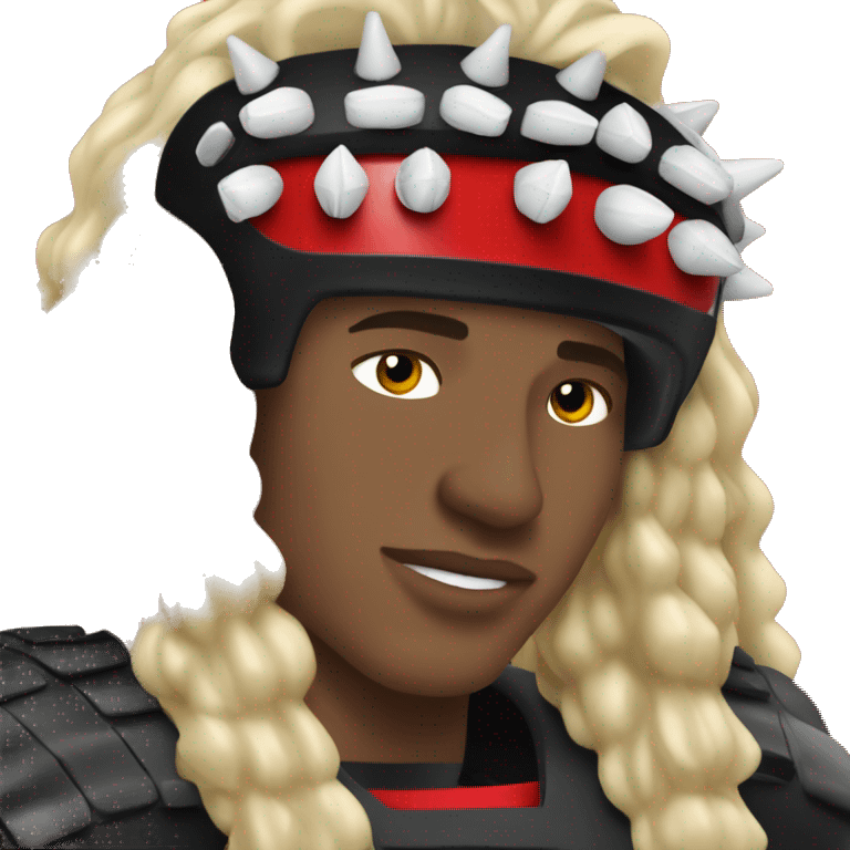 College football fan wearing spiked shoulder pad that are red and black emoji