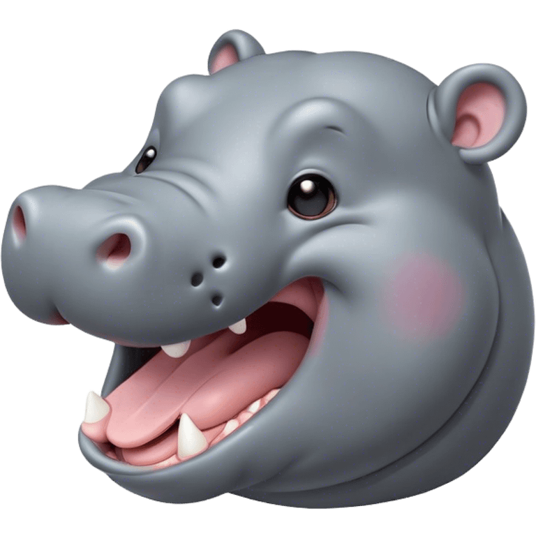 Cinematic Cute Yawning Hippo Portrait Emoji, Head tilted slightly with a dramatic, wide-open yawn, showcasing a soft, smooth slate-gray hide with gently drooping ears, round eyes barely open in drowsy contentment, Simplified yet irresistibly adorable features, highly detailed, glowing with a soft, cozy glow, high shine, relaxed yet expressive, stylized with a touch of aquatic charm, bright and endearing, soft glowing outline, capturing the essence of a sleepy yet affectionate hippo, so drowsy it feels like it could stretch out of the screen and curl up for a nap! emoji