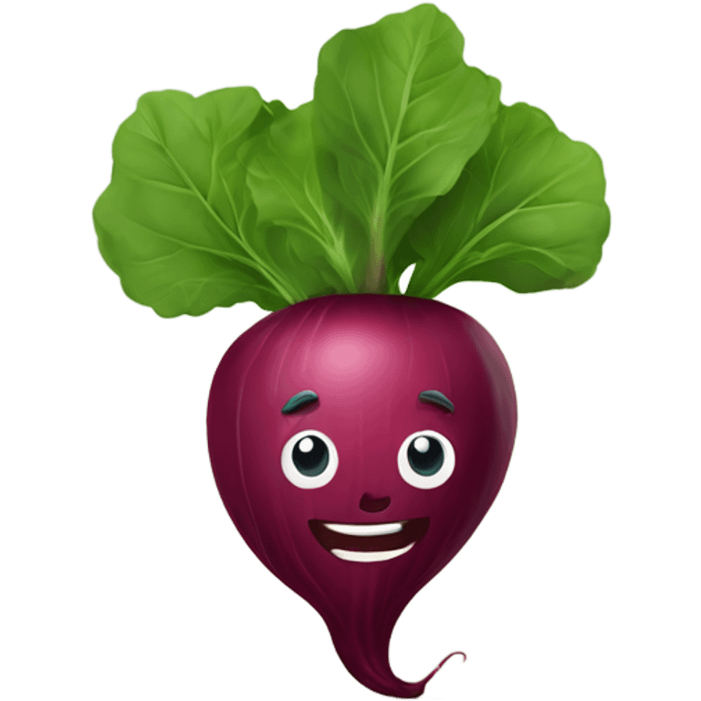 miling beetroot with big expressive eyes, rosy cheeks, and a green leaf on top. Simple and bright design with a cheerful and cartoonish style. emoji