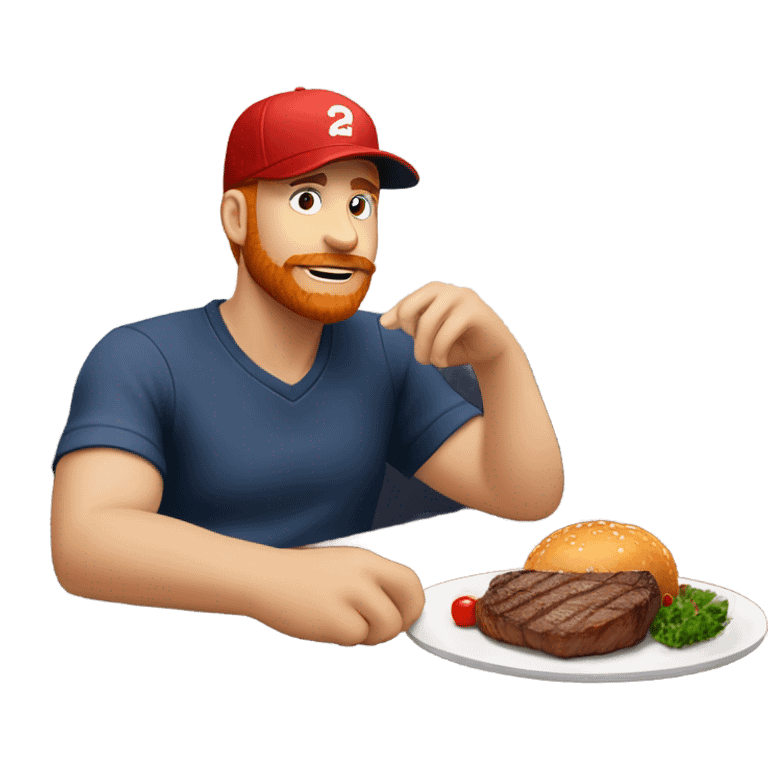 White guy with small red beard and baseball hat eating steak at table alone  emoji