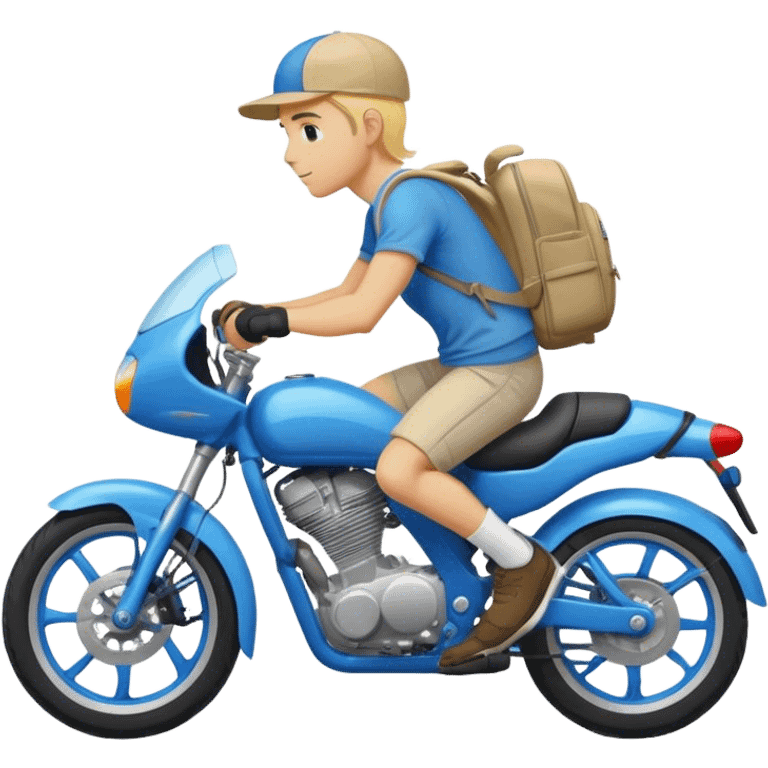 A blond guy in a cap and with a backpack on his back rides a blue sports bike emoji