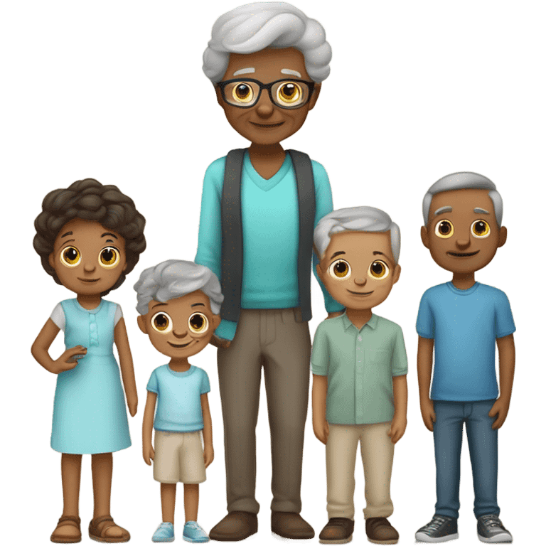 Create a family emoji with a grandma grandfather 2 adult daughters 2 adult sons son in law 12 yr old boy 10 yr old boy 7yr old girl 5 yr old girl 3 cats tortishell colour and a labrad emoji