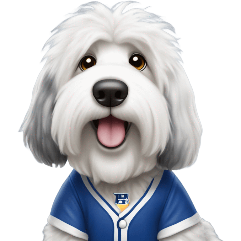 Salt and pepper Old English shepard wearing a dodgers shirt  emoji