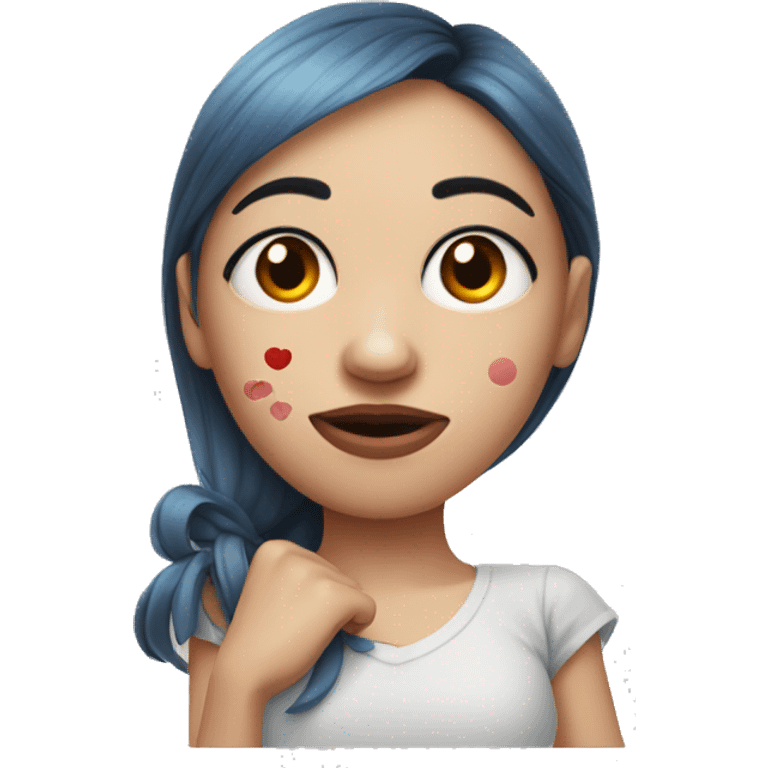 cartoon woman's face with a left eye that is puffier than the right, and with arms. the right arm has a small round red tattoo wound halfway between the hand and the elbow emoji