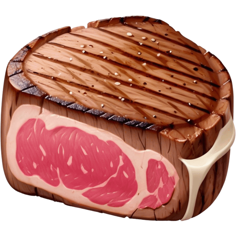 Cinematic thick-cut steak, perfectly seared with grill marks, a juicy pink center, rich and savory, warm glow, sizzling and mouthwatering, highly detailed and appetizing. emoji