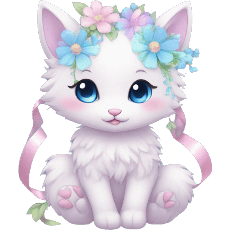 Anthro Cute Cool Blushing Pastel Innocent Shy Kawaii gorgeous sparkly ethereal fantasy animal creature with blue eyes furry sona with flowers and ribbons beautiful aesthetic emoji