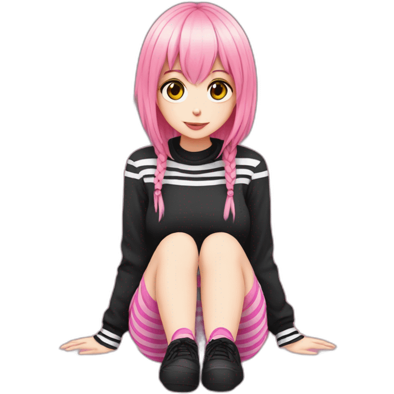 full body Front view emo girl sits on the floor black skirt pink knickers long striped socks emoji