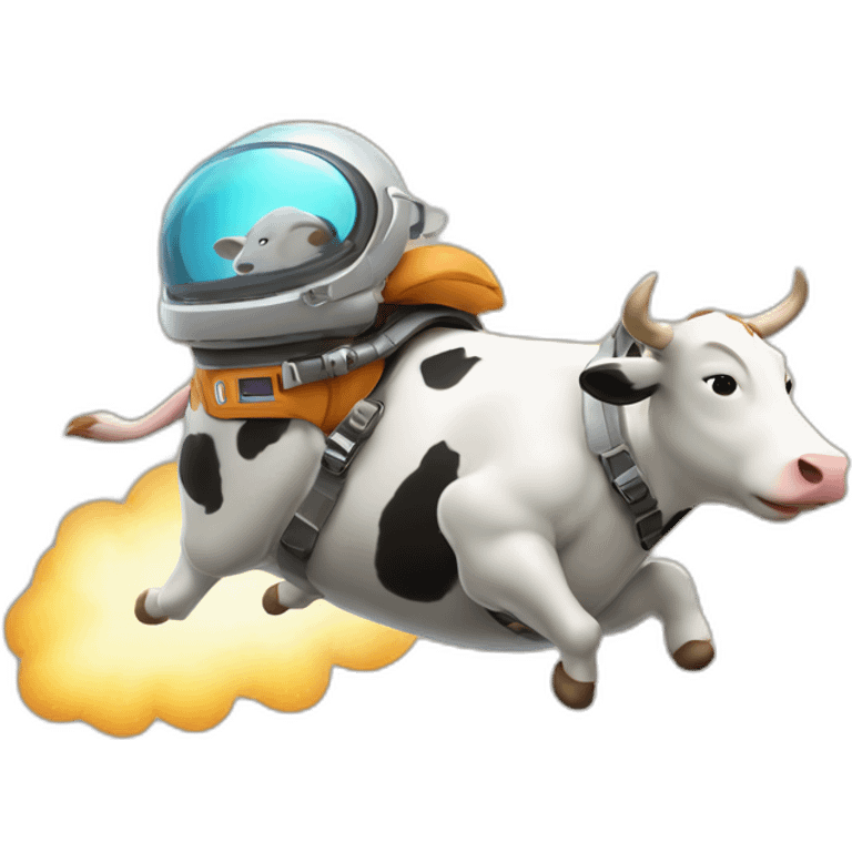 side-on view of cow flying to space while wearing a jetpack with legs being pushed back by the wind emoji